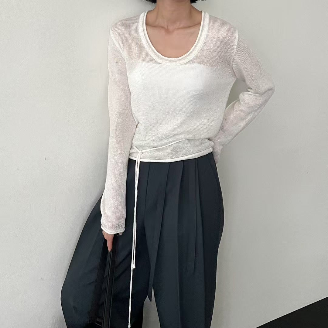 Lamagie Femme // 圓領純色薄針織衫含腰繩 三色入