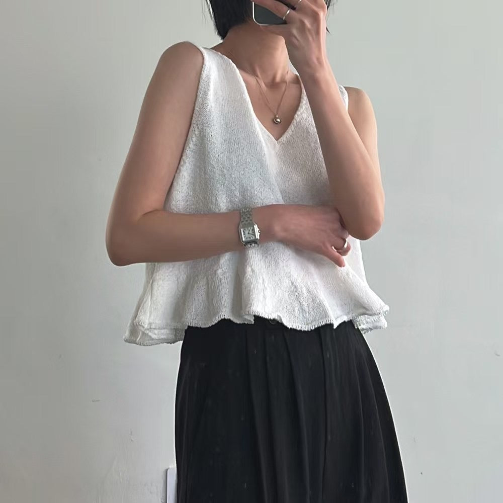 Lamagie Femme // 小V領套頭針織荷葉邊無袖背心 四色入