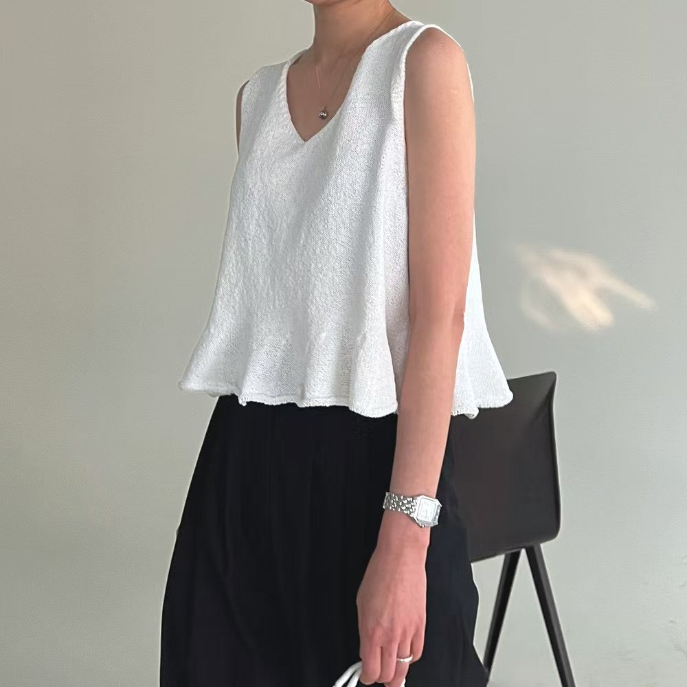 Lamagie Femme // 小V領套頭針織荷葉邊無袖背心 四色入