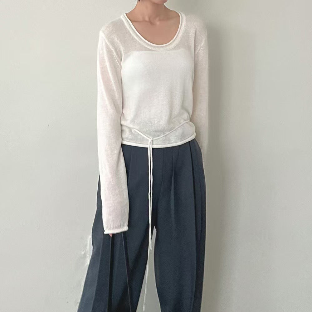 Lamagie Femme // 圓領純色薄針織衫含腰繩 三色入