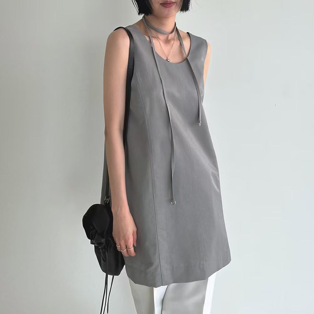 Lamagie Femme // 圓領顯瘦收腰立體剪裁連裝飾帶短裙長版衫連身裙 三色入