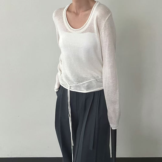 Lamagie Femme // 圓領純色薄針織衫含腰繩  三色入
